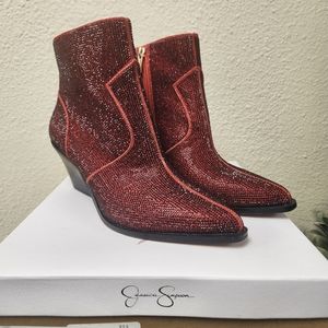 Jessica Simpson Zaylor Intense Red Glitter Gabor Rhinestone Booties 9 wide
